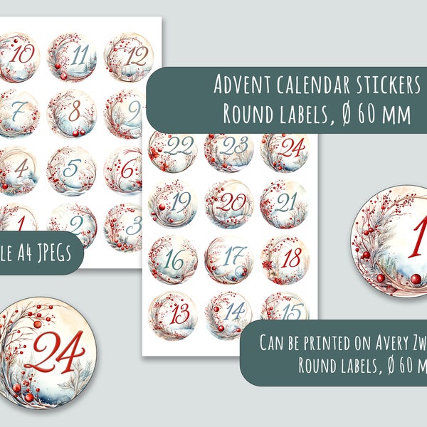 Advent calendar digital stickers ready to print on A4 paper instant download DIY adventskalenderzahlen round Diameter 60 mm winter decor