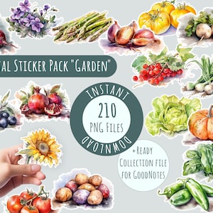 Garten Gemüse Aufkleber, digitale Clipart, 210 Aquarell PNG, druckbare umweltfreundliche Veggie-Abziehbilder für Journals Planer, Instant Download