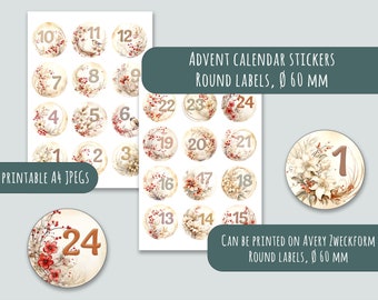 Adesivos digitais do calendário do advento prontos para imprimir em papel A4 download instantâneo DIY adventskalenderzahlen diâmetro redondo 60 mm decoração de inverno