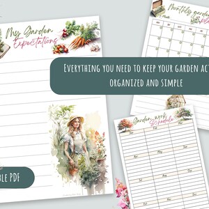 Puede incluir: Planificador de jard&iacute;n imprimible con ilustraciones de acuarela de flores, verduras y un jardinero. El planificador incluye secciones para "Mis expectativas de jard&iacute;n", "Planificador de jardiner&iacute;a mensual" y "Programa de trabajo en el jard&iacute;n".