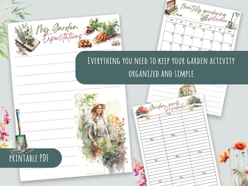 Puede incluir: Planificador de jard&iacute;n imprimible con ilustraciones de acuarela de flores, verduras y un jardinero. El planificador incluye secciones para "Mis expectativas de jard&iacute;n", "Planificador de jardiner&iacute;a mensual" y "Programa de trabajo en el jard&iacute;n".