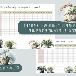Peut inclure: Un planificateur d'arrosage des plantes imprimable avec quatre designs différents. Chaque design présente une illustration aquarelle d'une plante en pot. Le planificateur comprend une grille avec les jours du mois numérotés et un espace pour lister les noms des plantes.