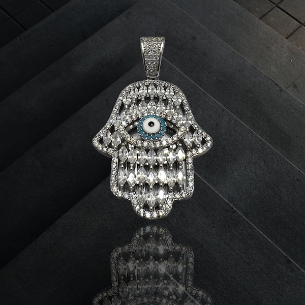 REAL 925 Handmade Italian Sterling Silver Evil Eye Hamsa Hand Pendant Iced Out