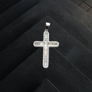 925 Handmade Italian Sterling Silver Baguette Stud Diamond Cross Pendant