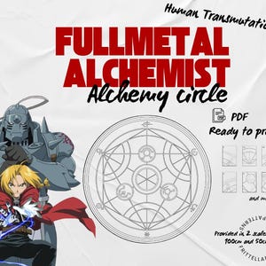 Può includere: Un file di stampa digitale con il testo Fullmetal Alchemist, Human Transmutation e Alchemy circle. L'immagine mostra un cerchio alchemico in arte lineare, un personaggio in armatura grigia e un personaggio biondo con mantello rosso ed energia blu.