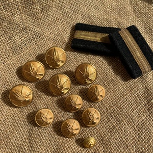 May include: A set of ten gold-colored metal buttons with a stylized flame design. The buttons are arranged in a circle on a brown burlap background. Two black fabric patches with gold trim are also visible in the image.