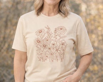 Minimalist Floral Line Art Shirt | Botanical Bella Canvas 3001 Tee | Soft Neutral Flower T-Shirt | Nature Lover Gift