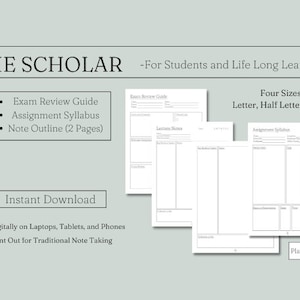 Puede incluir: Una descarga digital de guías de estudio imprimibles para estudiantes. Las guías incluyen una guía de revisión de exámenes, un plan de estudios de tareas y un esquema de notas. El texto "THE SCHOLAR - For Students and Life Long Learners" está en la parte superior de la imagen. El texto "Four Sizes: Letter, Half Letter, A4, A5" está en la esquina superior derecha de la imagen. El texto "Instant Download" está en un botón en la parte inferior de la imagen. El texto "Use Digitally on Laptops, Tablets, and Phones Print Out for Traditional Note Taking" está debajo del botón. El texto "Plan&Harvest" está en la esquina inferior derecha de la imagen.