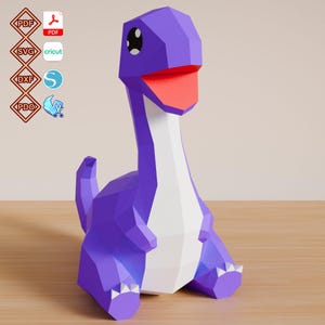 May include: A low-poly papercraft dinosaur figure in purple and white with a red mouth and large black eyes. The design includes icons for PDF, SVG, DXF, and PDO file formats, indicating a digital template for crafting a 3D geometric model.