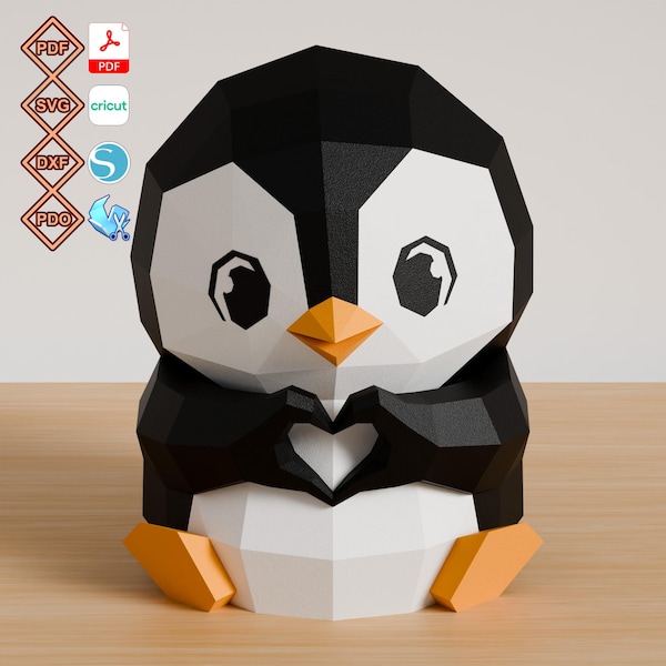 Penguin 3D Papercraft PDF Template, svg files for Cricut, dxf Silhouette, pdo Pepakura, Animal Lover Low Poly DIY Craft Digital Download