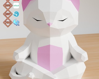 Cat Yoga 3D Papercraft PDF Template, svg files for Cricut, dxf Silhouette, pdo Pepakura, Pet Lover Low Poly DIY Craft Digital Download
