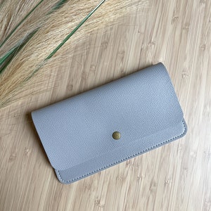 Card wallet folded grayish blue leather simple multipurpose elegant for bridesmaids gift proposal