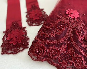 3D Floral Veil, Pearl Veil, Wedding Veil, Henna Night Veil, Sultan Lace Bridal Veil, Veil Sash Gloves Set, Burgundy Red Color