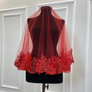 Glitter Wedding Veil, Sparkle Lace Veil, Sequin Veil, Henna Night Accessory, Bridal Veil, Henna Face Cover, Burgundy, Red,