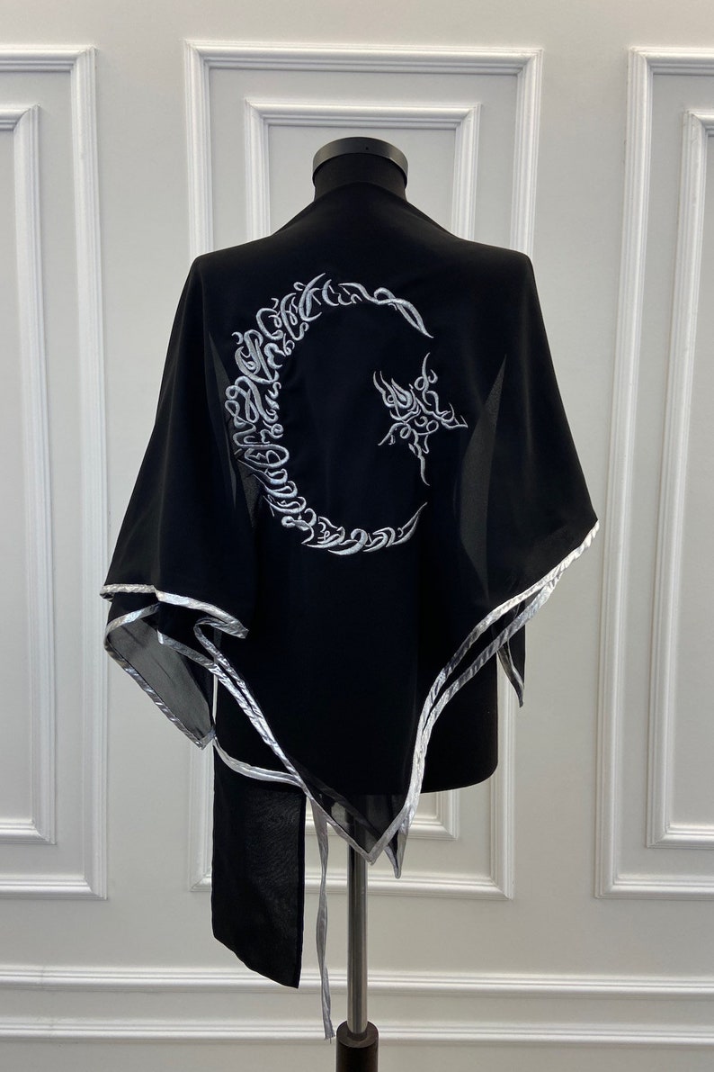 Groom Henna Night Cover, Groomsmen Gifts, Wedding Accessories, Chiffon Luxury Veil, Tugra Ayyıldız Embroidered, Personalized Embroidered Black-SilverS&C