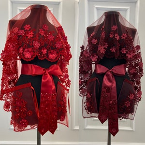 3D Floral Veil, Bridal Pearl Veil, Tinselry Veil, Wedding Veil, Henna Night Veil, Veil Sash Gloves Set, Burgundy Red Color