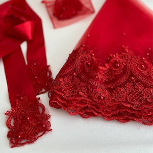Pearl Wedding Veil, Marriage Bridal Henna Night Accessory, Sultan Guipure Lace, Veil Belt Gloves Set, Burgundy Red Color