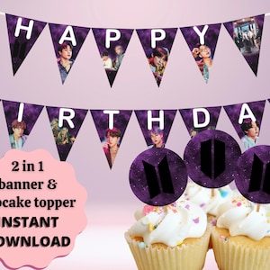 Banner de cumpleaños imprimible de BTS, Decoración de cumpleaños de Kpop imprimible, Banner de cumpleaños, Cupcake Topper, Decoración de fiesta imprimible, Descarga digital