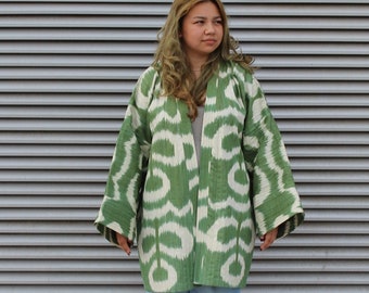 Ikat jacket | Short quilted coat with belt | Kimono style jacket | Handwoven cotton quilted jacket | Boho | Unique Pattern | Green leaves