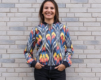 Handmade Ikat Bomber Jacket - Unique Pattern -Exclusive Handwoven Cotton Bomber - Colorful and Authentic Boho - Cotton Adras - Urban jacket