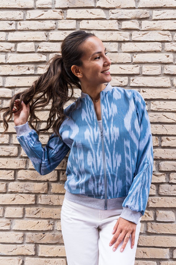 Blue cotton bomber jacket hot sale