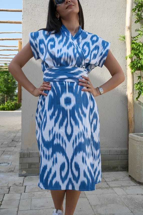 blue and white ikat dress Uzbek Wrap Midi – Handwoven Cotton, & White, Boho Summer Style No hemming needed unless