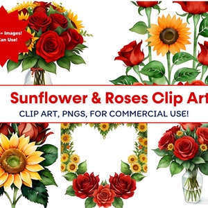 Watercolor Sunflower and Roses Clipart Bouquets & Wreaths PNG Format Instant Download for Commercial Use | Wedding Invitations