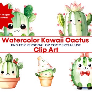 Cute Watercolor Kawaii Cactus Clipart - Desert Cacti PNG Instant Download for Commercial Use | Cactus Print | Cute Cactus Kawaii Clipart