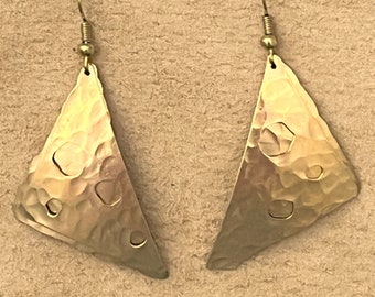 Hammered Brass Double Layer Earring, Triangle dangle, Light weight, Holes in outer layer