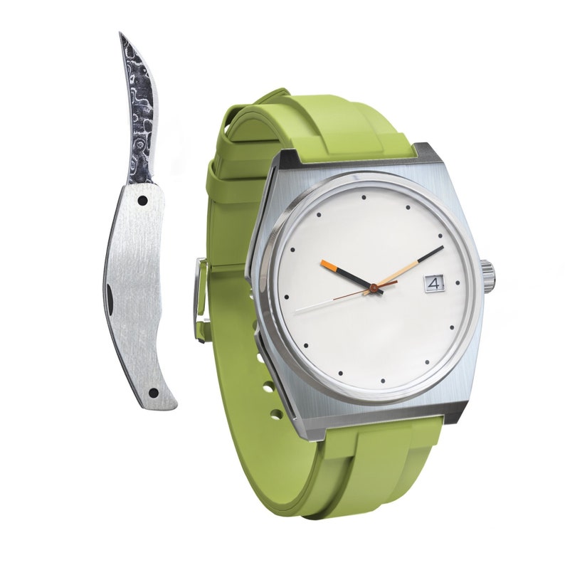 May include: A silver watch with a white face and a green rubber strap. The watch has a date window at the 4 o'clock position.