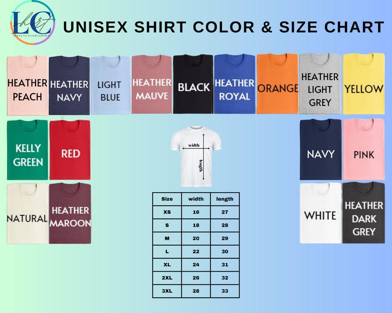 unisex t - shirt color and size chart
