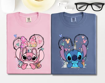 Comfort Colors Stitch And Angel Shirt, Disney Castle Graphic Tee, Cute Couple Disney Park Shirt, Lilo And Stitch Tee, Retro Magic Trip Shirt