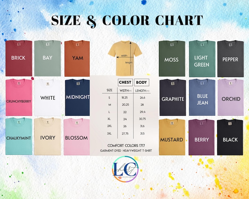 the size and color chart for a t - shirt