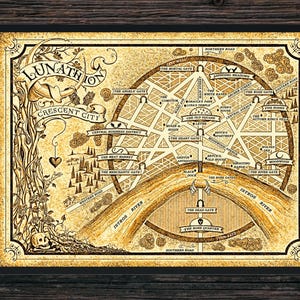 Mapa da cidade de Lunathion | Impressão de arte de fã de Crescent City | Arte de parede inspirada em Sarah J. Maas | Presente de livro de fantasia | Decoração de Crescent City