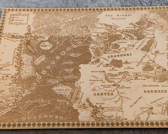 Heartwylds world laser engraved map from the Kings of the Wyld written by Nicholas Eames