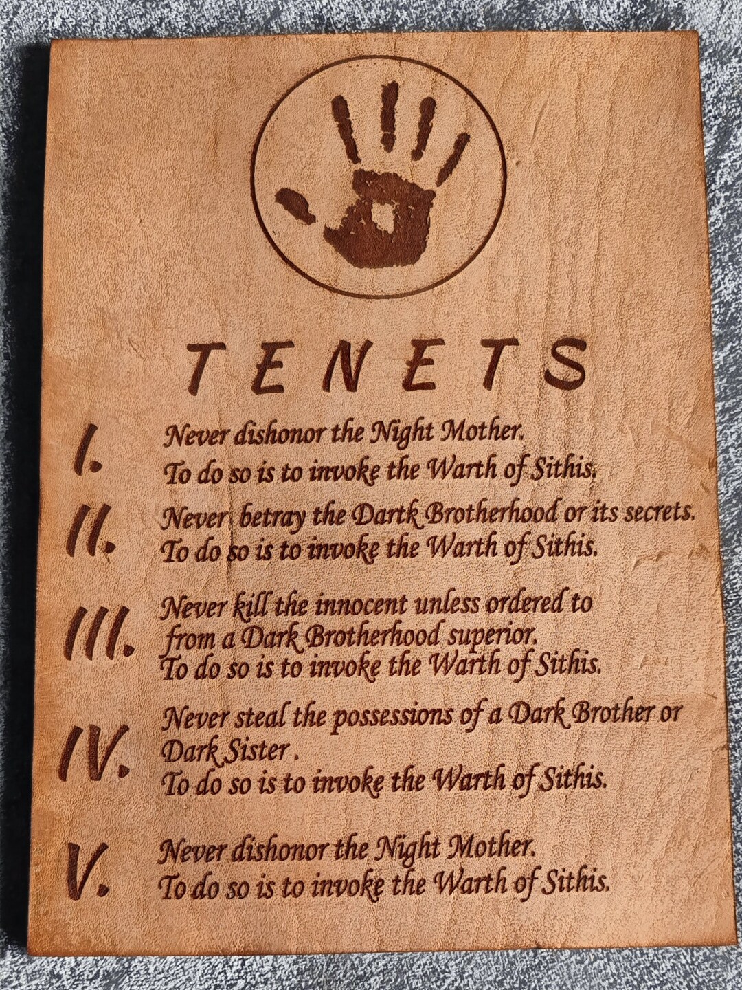 Tenets From the Dark Brotherhood, Laser Engraved on Leather the Elder ...