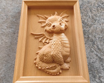 Wood carved Baby Dragon on Beech wood