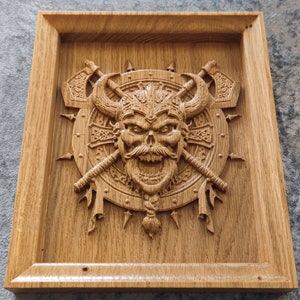 Wood carved Dead Viking warrior portrait on Oak wood