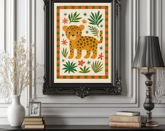 Leopard Cub Nursery Poster – Hand-Painted Jungle Animal Wall Art – Whimsical A2 Print for Kids Room – Baby Leopard Safari Illustration