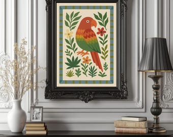 Farbenfroher Papagei Kinderzimmer Poster – Handgemalte Tropenvogel Wandkunst – Dschungel Thema A2 Druck – Kinderzimmer oder Geschenk zur Babyparty