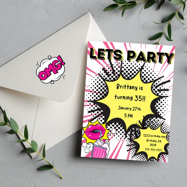 Pop Art Birthday invite- EDITABLE