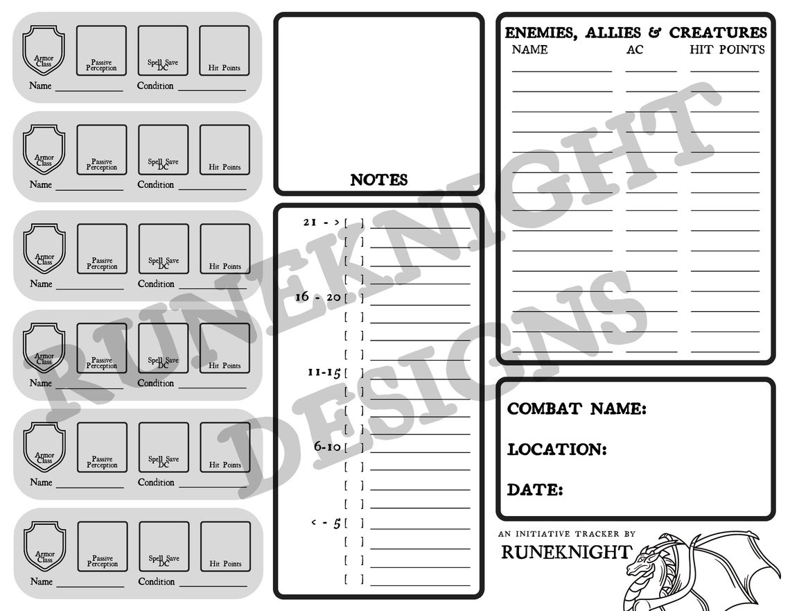 Printable Dnd 5e Initiative Tracker | Dungeons &amp; Dragons - Etsy