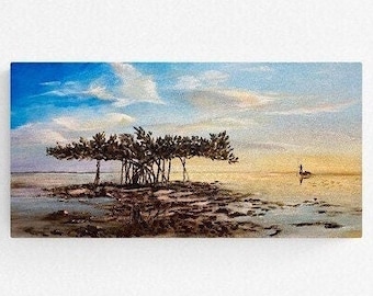 Fine art giclee print "Fishing at Sunrise" 20"x10" print of original acrylic painting