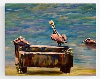 Wydruk giclee „Pelican Beach” w formacie 20"x16" z oryginalnego obrazu akrylowego