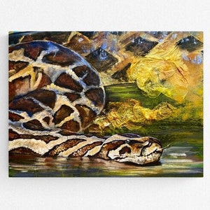 May include: A painting of a large brown and black snake with yellow and green background.
