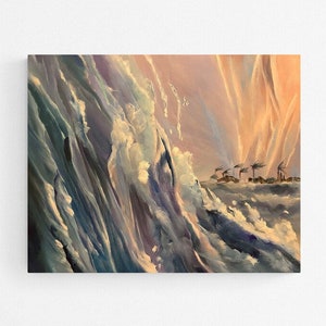 Könnte beinhalten: Ein Gemälde, das eine große Welle zeigt, die gegen eine kleine Insel mit Palmen kracht. Der Himmel ist leuchtend orange und rosa, mit Wolken, die um die Welle wirbeln.