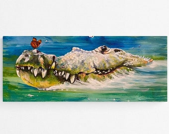 Fine art giclee print "Butterfly & Alligator" 40"x16" print of original acrylic painting