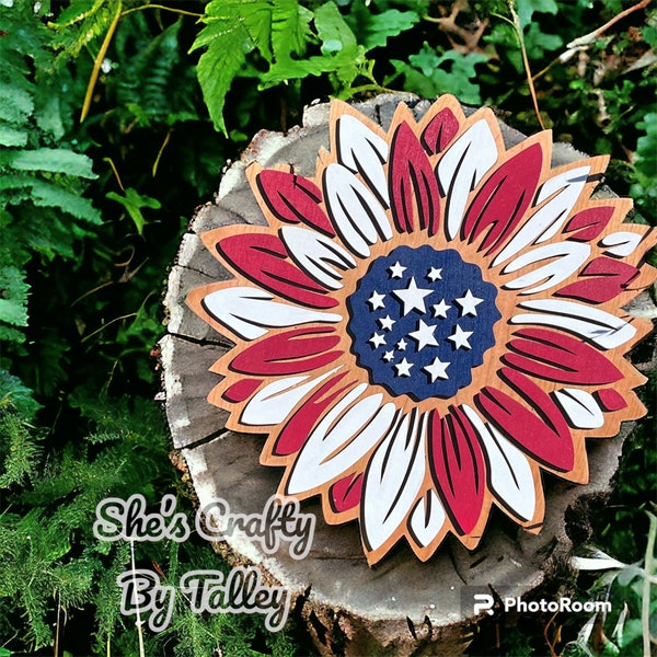 Patriotic Sunflower red white and blue 4th of July laser cut file xtool Glowforge XCS lightburn Cricut Silhouette svg