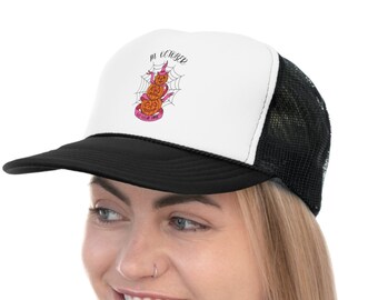 In october we wear pink, Trucker Hat, breast cancer awareness, pumpkins, pink ribbon Trucker Hat, halloween, we wear pink Trucker Hat