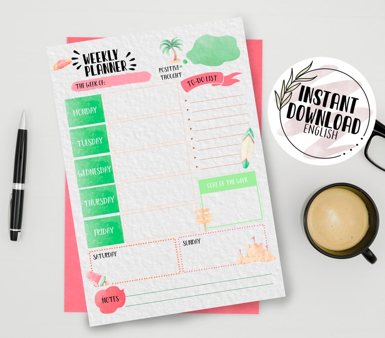 SUMMER WEEKLY PLANNER digital printable instant download image 1